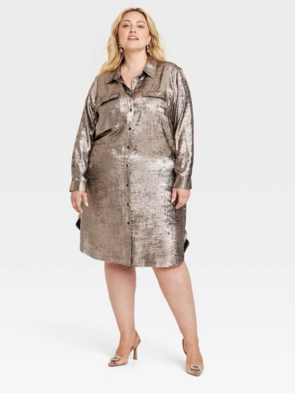 Ava & Viv Long Sleeve Midi Metallic Shirt Dress in Champagne Women’s Size 2X NWT